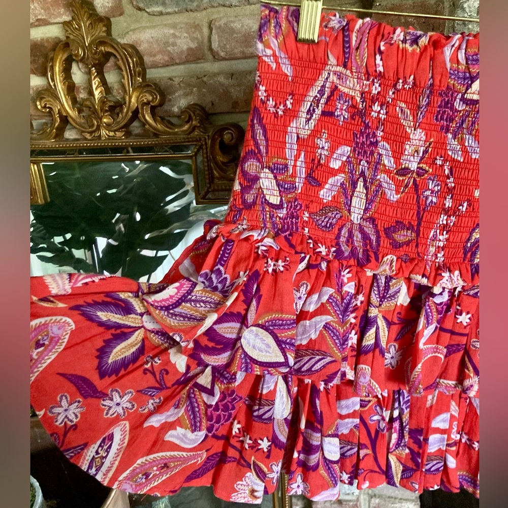 SUNDRY Red & Purple Floral Tiered Ruffle Mini Skirt Cottagecore Boho Festival - Picture 9 of 14
